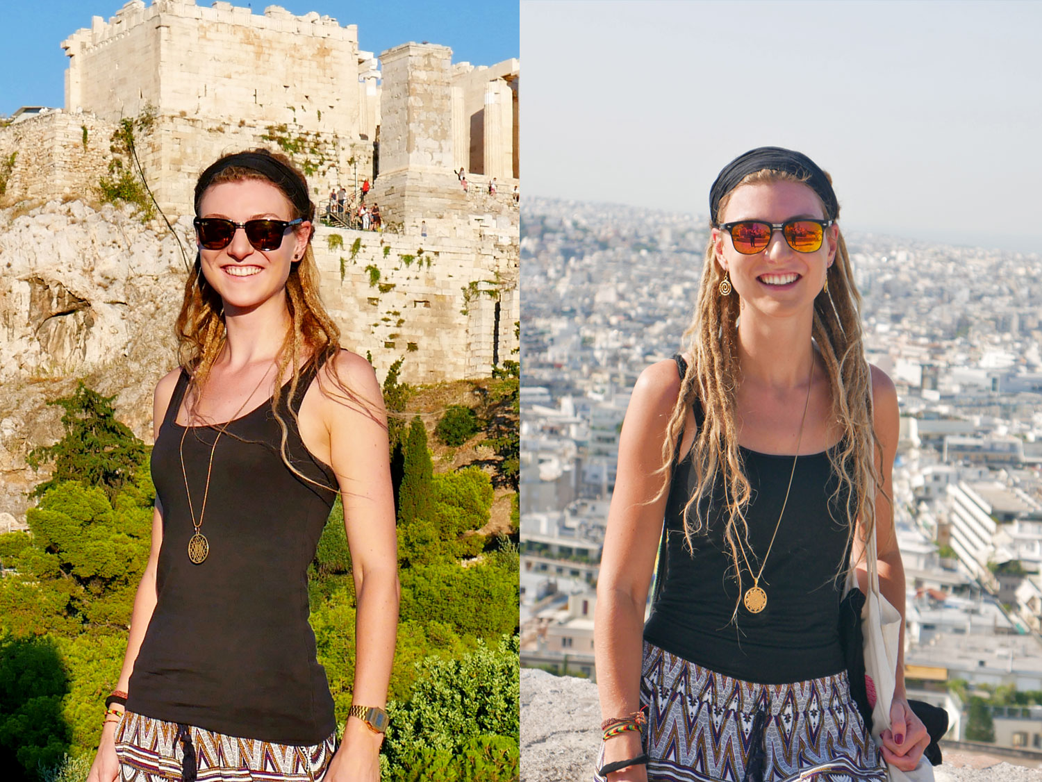 Blonde rasta girl at Acropolis in Athens, Greece, with few and one week later with many extensions