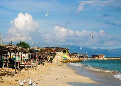 Portmore Beach near Kingston, Jamaica, with small houses and birds flying around